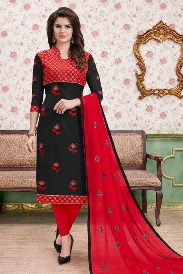 Black and Red Cotton Embroidered Casual Salwar Suit With Nazmin Dupatta