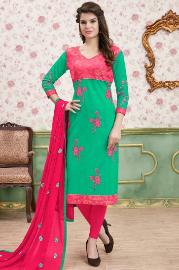 Excellent Turquoise and Pink Cotton Embroidered Casual Salwar Suit With Nazmin Dupatta