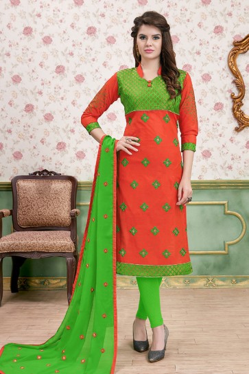 Graceful Orange and Green Cotton Embroidered Casual Salwar Suit With Nazmin Dupatta