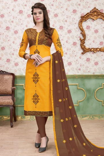 Yellow and Beige Cotton Embroidered Casual Salwar Suit With Nazmin Dupatta