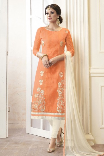Desirable Orange Cotton Embroidered Designer Casual Salwar Suit With Nazmin Dupatta