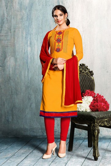 Charming Orange Cotton Embroidered Designer Casual Salwar Suit With Nazmin Dupatta