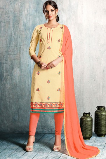 Beautiful Cream Cotton Embroidered Designer Casual Salwar Suit With Nazmin Dupatta