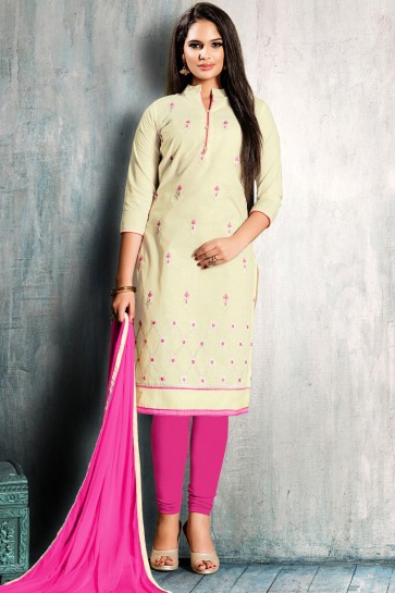 Supreme Cream Cotton Embroidered Designer Casual Salwar Suit With Nazmin Dupatta
