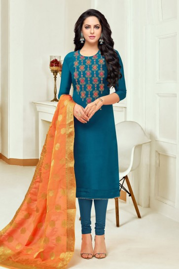 Excellent Teal Silk Casual Salwar Suit With Banarasi Silk Dupatta