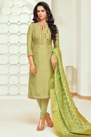 Desirable Green Silk Casual Salwar Suit With Banarasi Silk Dupatta