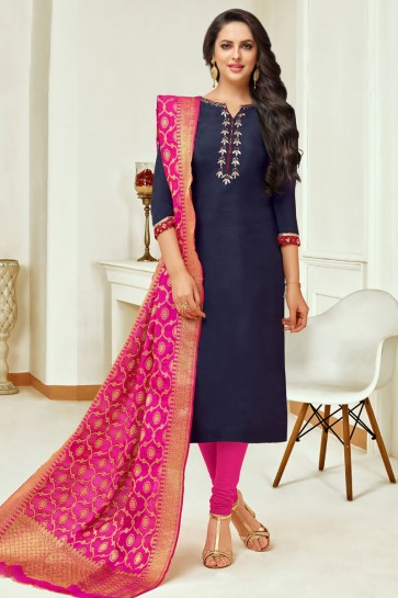 Optimum Navy Blue Silk Embroidered Casual Salwar Suit With Banarasi Silk Dupatta