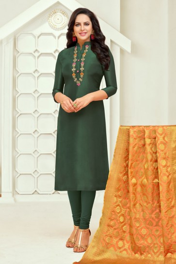 Green Silk Embroidered Casual Salwar Suit With Banarasi Silk Dupatta