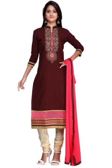 Beautiful Brown Cotton Embroidered Casual Salwar Suit With Nazmin Dupatta