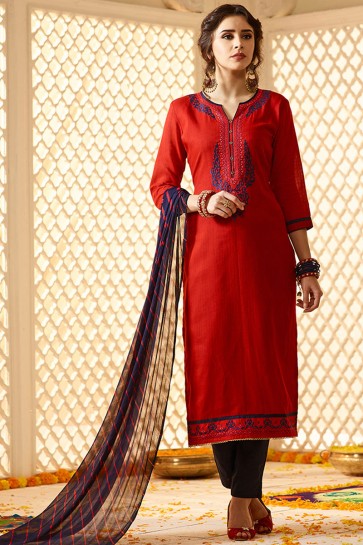 Supreme Red Cotton Embroidered Casual Salwar Suit With Nazmin Dupatta