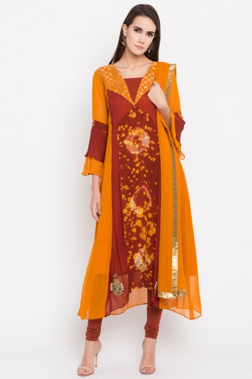 Mustard Faux Georgette Plus Size Readymade Punjabi Salwar Suit With Faux Chiffon Dupatta