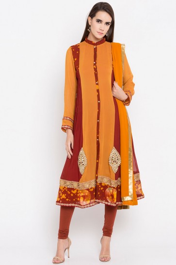 Desirable Mustard Faux Georgette Plus Size Readymade Punjabi Salwar Suit With Faux Chiffon Dupatta
