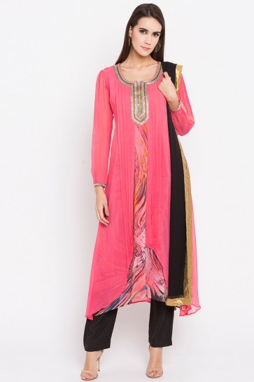 Pink Faux Georgette Plus Size Readymade Punjabi Salwar Suit With Faux Chiffon Dupatta