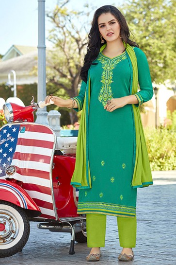 Lovely Green Cotton Embroidered Casual Salwar Suit