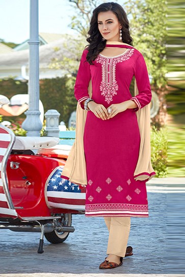 Pink Cotton Embroidered Casual Salwar Suit