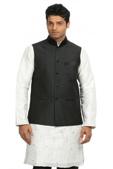 Marvelous Black and White Art Silk Kurta Pajama With Jacket