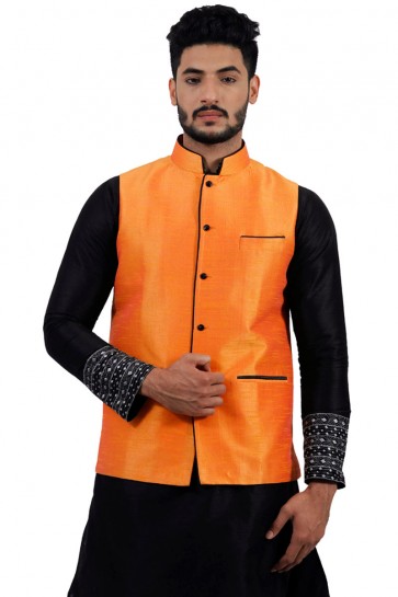 Charming Black and Orange Art Silk Kurta Pajama With Jacket