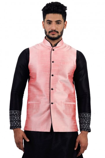 Admirable Black and Pink Art Silk Kurta Pajama With Jacket
