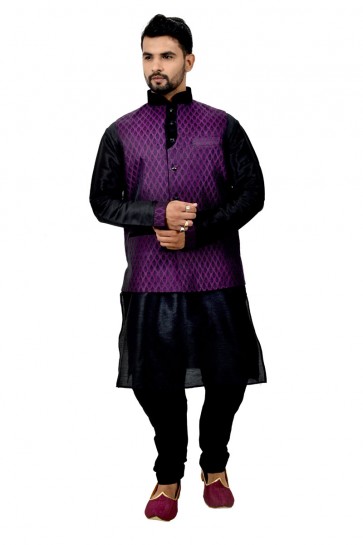 Classic Black and Purple Art Silk Kurta Pajama With Jacket