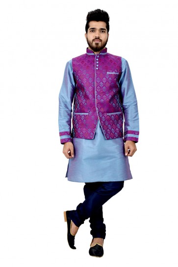 Supreme Sky Blue and Purple Art Silk Kurta Pajama With Jacket