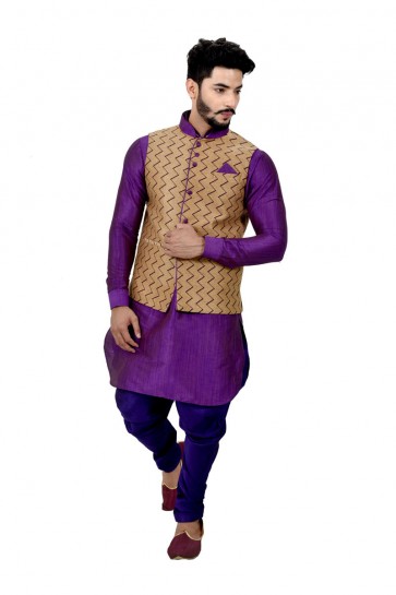 Stylish Purple and Beige Art Silk Kurta Pajama With Jacket