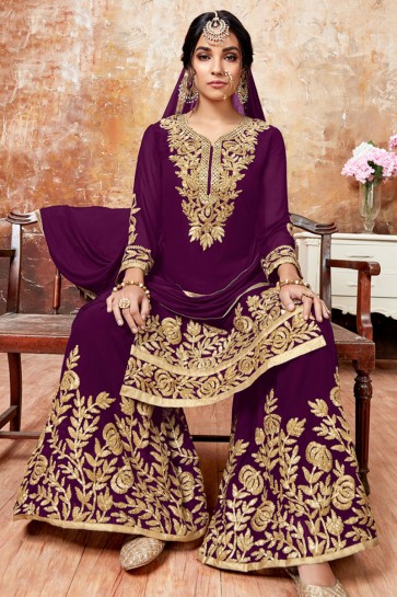 Violet Faux Georgette Embroidered Designer Palazzo Salwar Suit With Chiffon Dupatta