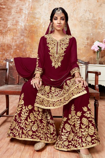 Maroon Faux Georgette Embroidered Designer Palazzo Salwar Suit With Chiffon Dupatta