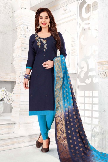 Desirable Navy Blue Cotton Embroidered Casual Salwar Suit With Banarasi Silk Dupatta