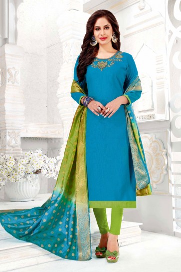 Sky Blue Cotton Embroidered Casual Salwar Suit With Banarasi Silk Dupatta