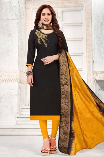 Pretty Black Cotton Embroidered Casual Salwar Suit With Banarasi Silk Dupatta