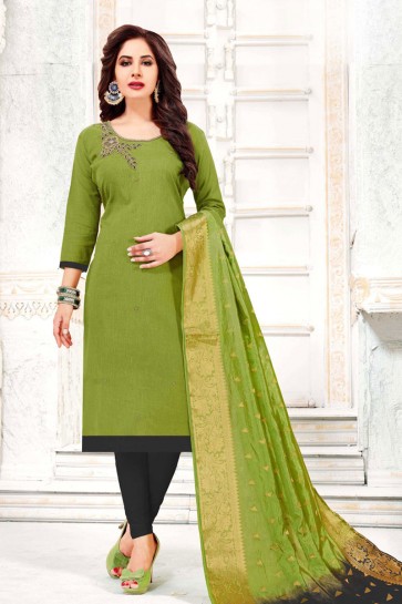Charming Green Cotton Embroidered Casual Salwar Suit With Banarasi Silk Dupatta