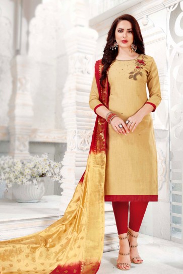 Beige Cotton Embroidered Casual Salwar Suit With Banarasi Silk Dupatta