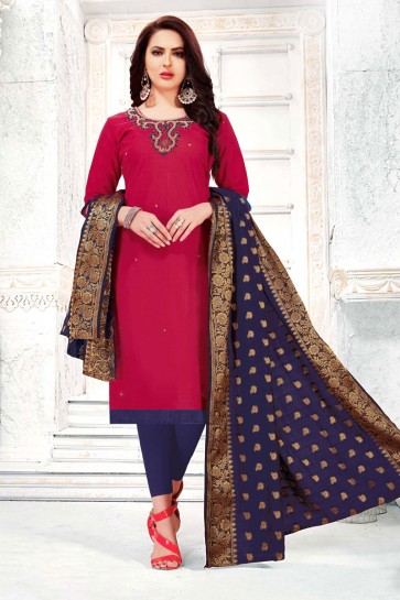 Lovely Pink Cotton Embroidered Casual Salwar Suit With Banarasi Silk Dupatta