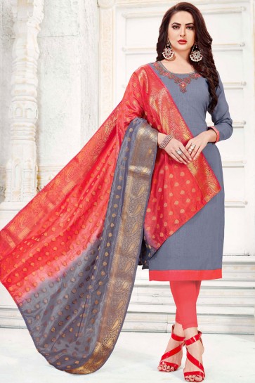 Grey Cotton Embroidered Casual Salwar Suit With Banarasi Silk Dupatta