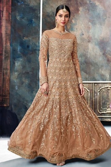 Beautiful Brown Net Embroidered Anarkali Salwar Suit With Chiffon Dupatta