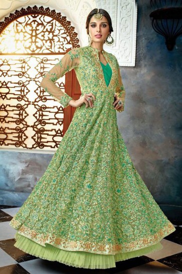 Admirable Green Net Embroidered Anarkali Salwar Suit With Chiffon Dupatta