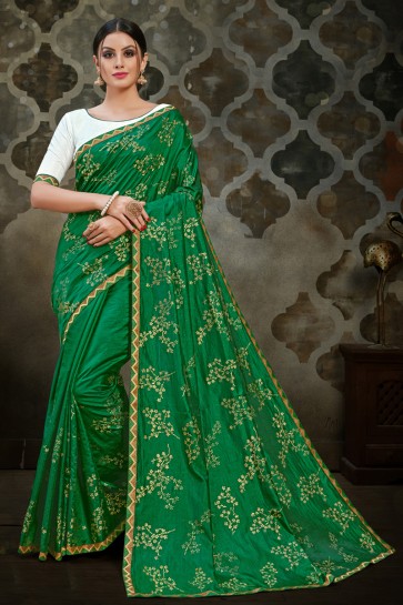 Lovely Green Silk Lace Work Saree With Silk Blouse
