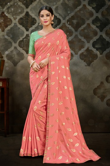 Admirable Peach Silk Lace Work Saree With Silk Blouse
