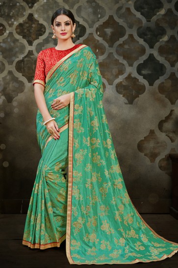 Classic Turquoise Silk Saree With Silk Blouse
