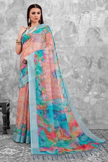 Sky Blue and Pink Digital Printed Linen Cotton Saree With Linen Cotton Blouse
