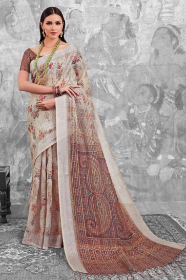 Beautiful Beige Digital Printed Linen Cotton Saree With Linen Cotton Blouse