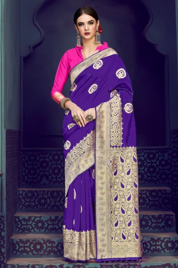 Violet Banarasi Silk Jacquard Work Saree With Banarasi Silk Blouse