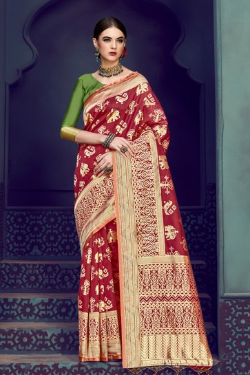 Excellent Maroon Banarasi Silk Jacquard Work Saree With Banarasi Silk Blouse
