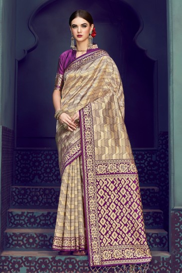Purple and Golden Banarasi Silk Jacquard Work Saree With Banarasi Silk Blouse