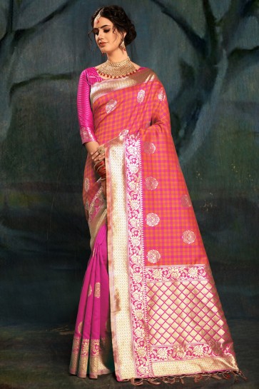 Magenta Banarasi Silk Jacquard Work Saree With Banarasi Silk Blouse