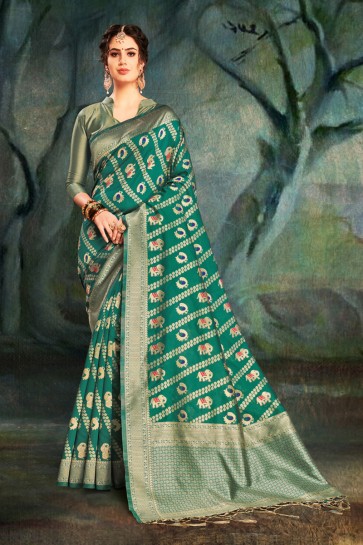 Green Embroidered Banarasi Silk Saree With Banarasi Silk Blouse