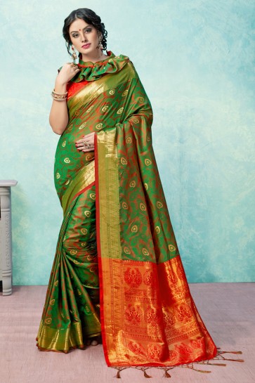 Pretty Green Banarasi Silk Saree With Banarasi Silk Blouse