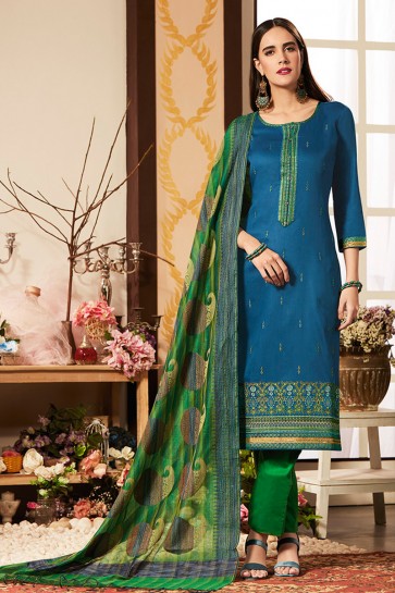 Excellent Blue Cotton Silk Embroidered Casual Salwar Suit With Banarasi Silk Dupatta
