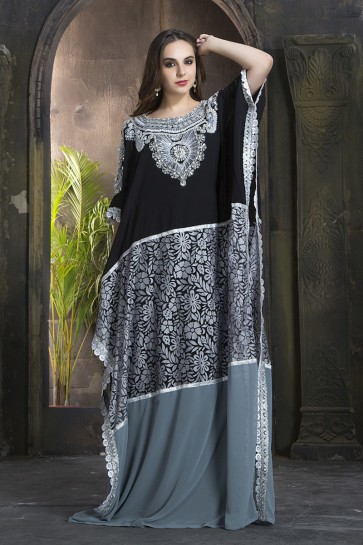 Embroidered Black and Grey Georgette, Crepe and Net Party Wear Kaftan
