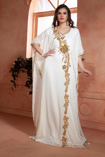 Gorgeous White Crepe and Brasso Embroidered Kaftan
